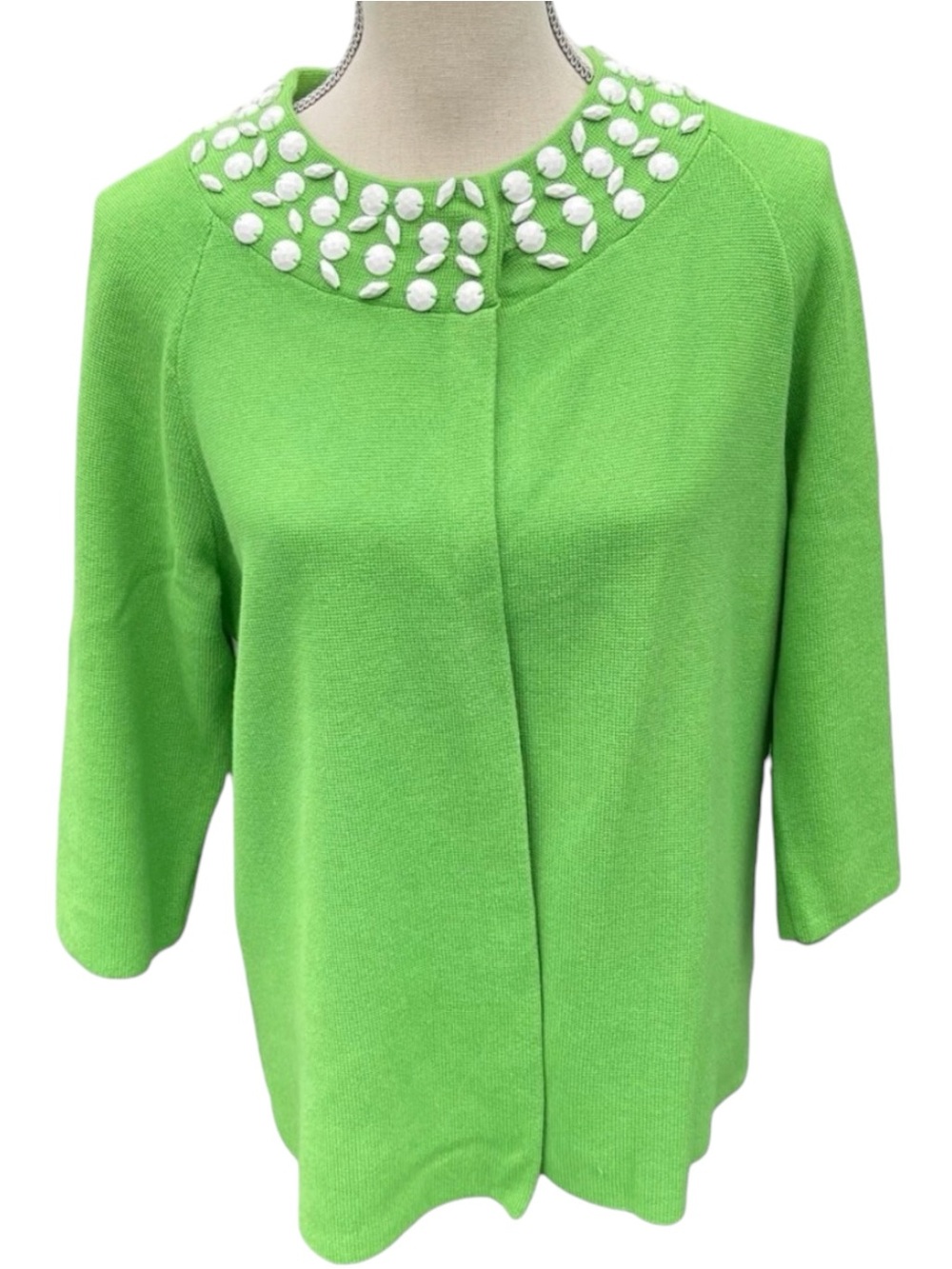 Jones & Co. Green White Beaded Neck Top Snap Cotton Blend Cardigan Sweater (M)